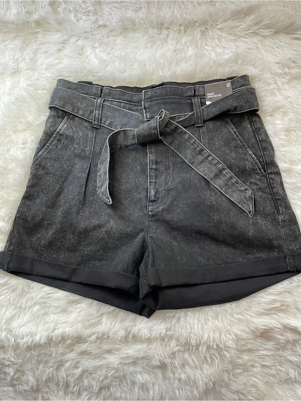 Express Washed Black High-Waist Tie-Belt Shorts, size 12